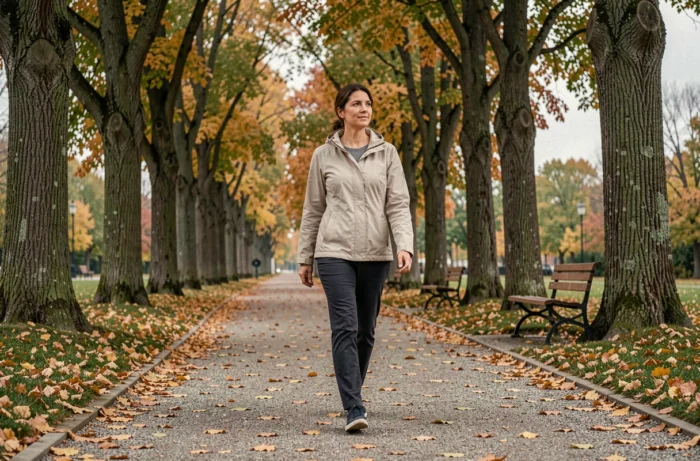 Femme marchant seule sur un chemin de parc boisé en automne, illustrant la promenade quotidienne de trente minutes en extérieur pour le bien-être