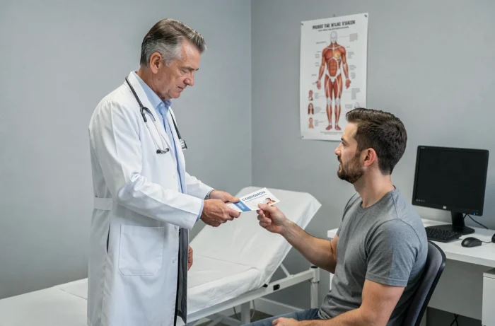 Un médecin remettant une brochure sur les garanties mutuelle Interiale à un patient en consultation