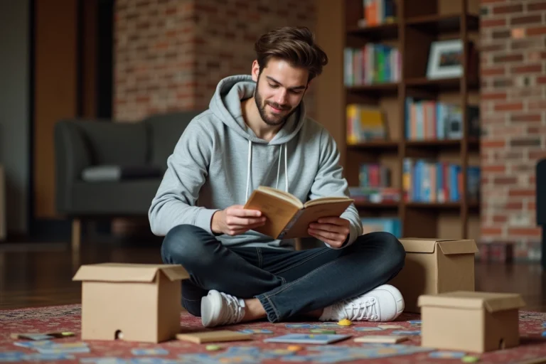 Jeune homme découvrant les nouveautés de jeux de société dans un appartement moderne entouré de boîtes de jeux colorées
