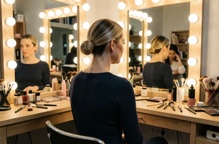 Femme aux cheveux blonds foncés en chignon élégant assise devant une coiffeuse de studio de maquillage professionnelle, reflétant une nouvelle esthétique sobre et raffinée