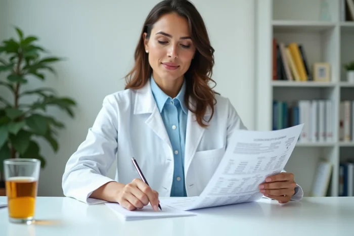 Nutritionniste analysant la teneur en sucre du pastis avec un verre de la boisson et des documents de santé sur son bureau