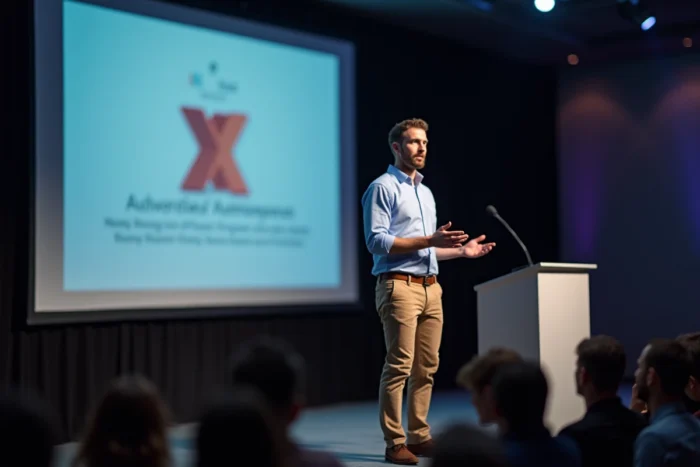 Grand orateur en chemise bleue prenant la parole lors d'une conférence technologique sur scène