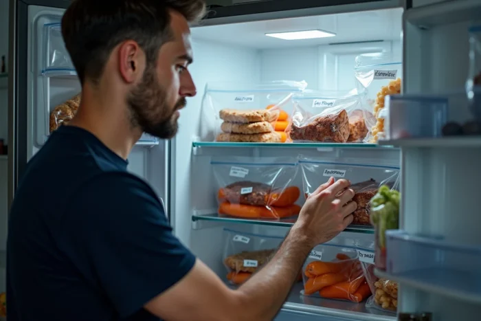 Homme organisant des sachets sous vide étiquetés avec des dates dans un réfrigérateur propre et bien rangé