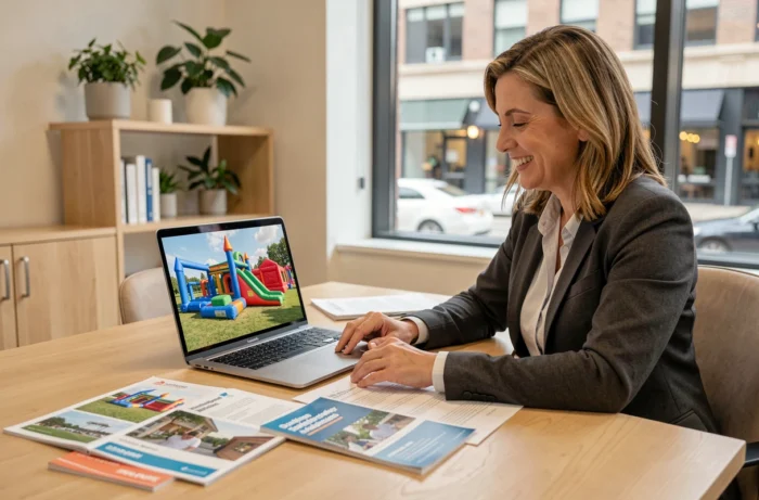 Organisatrice d'événements consultant un contrat de location de structure gonflable dans un bureau moderne