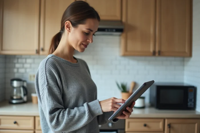 Femme consultant les paramètres réseau d'un routeur via une tablette dans une cuisine moderne