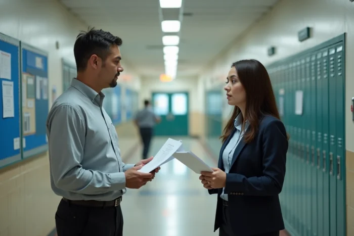 Père discutant avec une directrice d'école dans un couloir scolaire lors d'une démarche de déscolarisation de son enfant