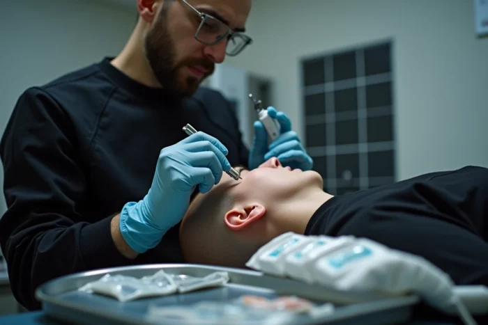 Perceur professionnel en gants effectuant un piercing flat sur le cartilage de l'oreille d'un client dans un salon stérile