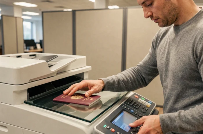 Hombre fotocopiando un pasaporte francés en una fotocopiadora de oficina