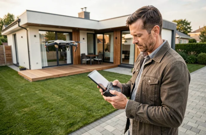 Photographe immobilier professionnel pilotant un drone au-dessus d'une maison moderne pour une prise de vue aérienne