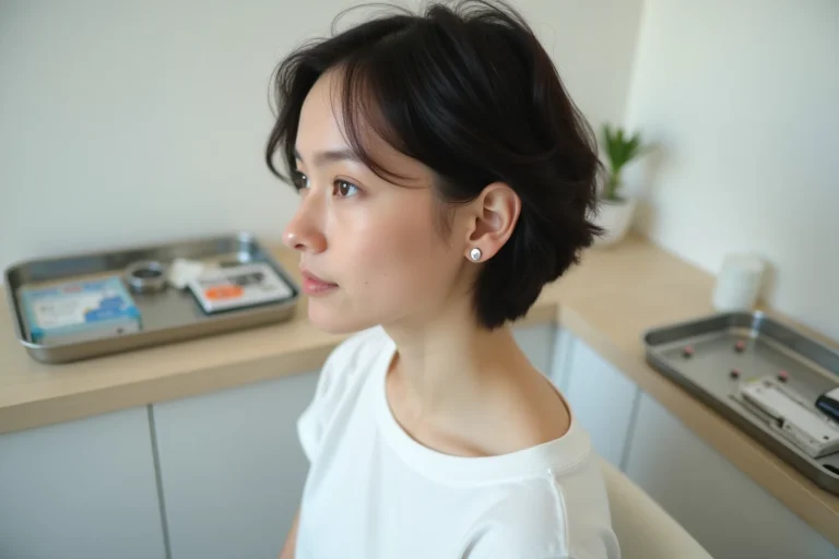 Jeune femme montrant un piercing flat sur le cartilage supérieur de l'oreille dans un studio de piercing professionnel