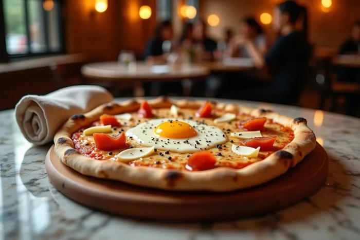 Pizza carbonara Del Arte avec pancetta dorée, jaune d'œuf et parmesan sur plateau en bois dans un restaurant italien rustique