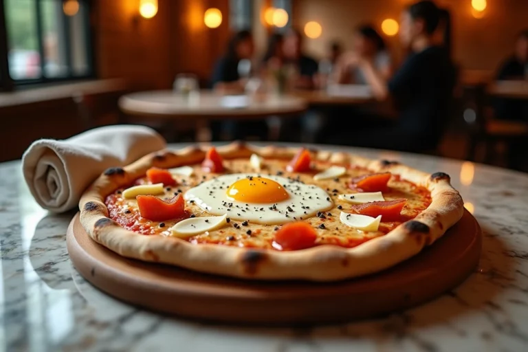 Pizza carbonara Del Arte avec pancetta dorée, jaune d'œuf et parmesan sur plateau en bois dans un restaurant italien rustique