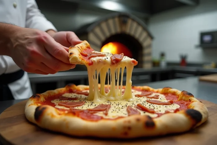 Tranche de pizza carbonara avec fil de sauce crémeuse et pancetta tirée par des mains de cuisinier dans une cuisine ouverte