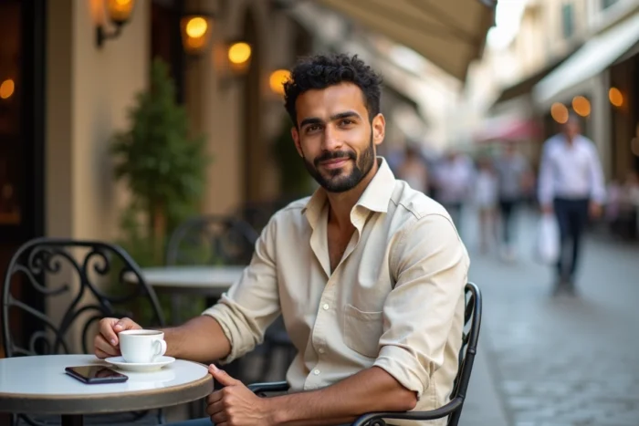 Portrait en extérieur d'un entrepreneur digital dans un café urbain, alliant style de vie et ambition professionnelle