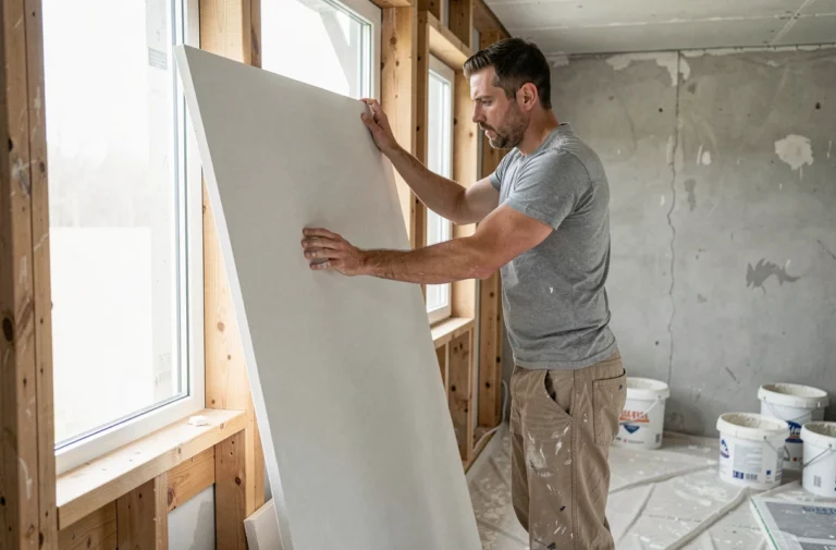 Ouvrier posant des plaques de placo autour d'une fenêtre dans une pièce en rénovation