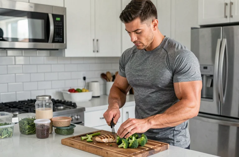Homme sportif préparant du poulet grillé et des brocolis frais dans une cuisine moderne pour la musculation