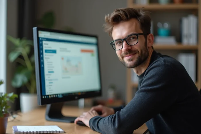 Professeur gérant son compte enseignant Iprof depuis son bureau à domicile sur un ordinateur de bureau