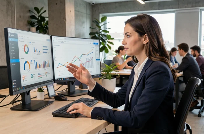 Professionnelle en marketing digital analysant des tableaux de bord de performance sur des écrans dans un bureau moderne