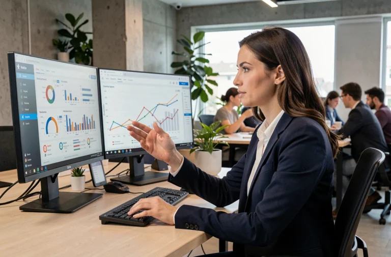 Professionnelle en marketing digital analysant des tableaux de bord de performance sur des écrans dans un bureau moderne