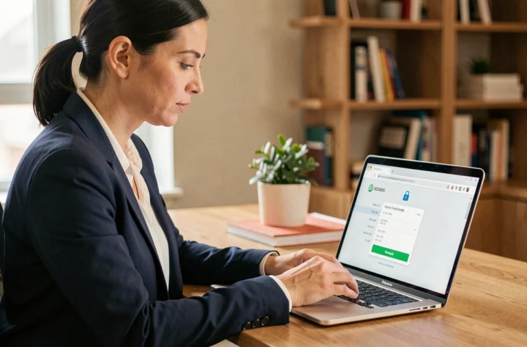 Femme consultant ses informations de paiement en ligne de manière sécurisée sur un ordinateur portable dans un bureau à domicile moderne