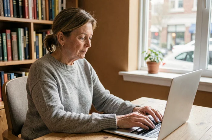 Femme cherchant une adresse sur un annuaire en ligne depuis son bureau à domicile