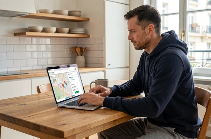 Homme cherchant un magasin Mercadona sur une carte en ligne depuis son appartement en France