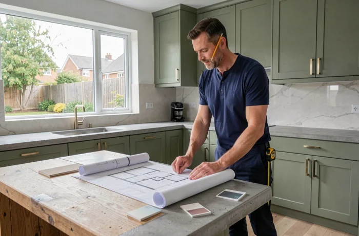 Homme consultant des plans de rénovation dans une cuisine moderne rénovée avec îlot en chêne brut