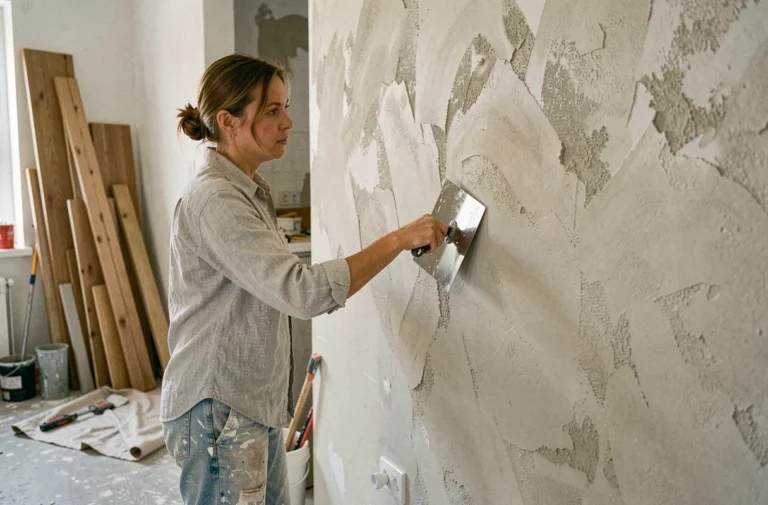 Femme en train d'appliquer un enduit texturé sur un mur lors d'une rénovation intérieure moderne