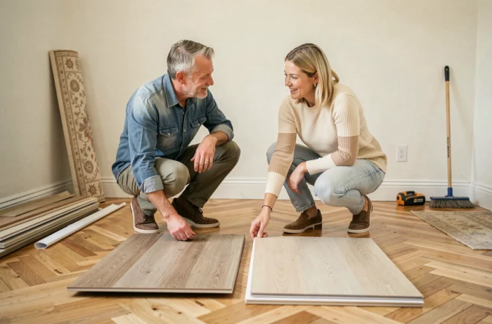 Couple comparant des échantillons de parquet pendant la rénovation du salon de leur maison
