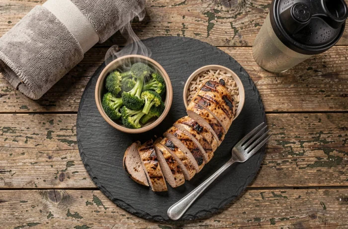 Repas de musculation complet avec poulet grillé, brocolis vapeur et riz brun sur ardoise