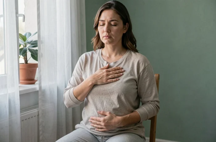Femme pratiquant la respiration diaphragmatique assise près d'une fenêtre, les mains posées sur l'abdomen et la poitrine en pleine concentration