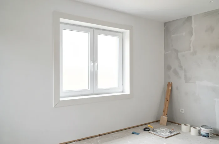 Résultat final de la pose de placo autour d'une fenêtre dans une pièce en cours de rénovation
