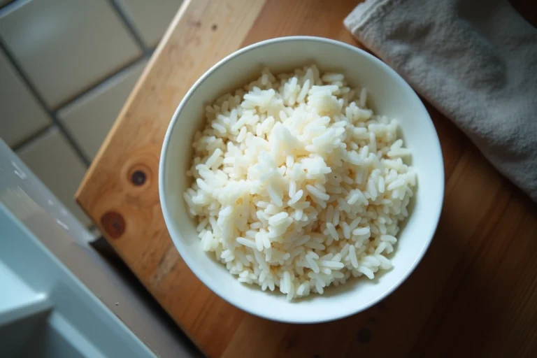 Bol de riz cuit laissé à température ambiante, illustrant les risques de conservation incorrecte du riz et le syndrome du riz cantonais