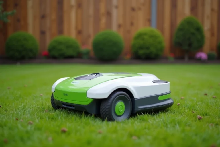 Robot tondeuse Lidl Parkside posé sur une pelouse verte bien entretenue dans un jardin de banlieue