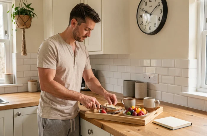 Homme préparant calmement son petit-déjeuner le matin avec un journal ouvert sur le comptoir, illustrant une routine d'ancrage matinale structurée