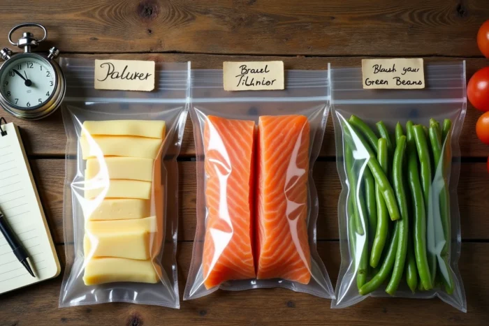 Vue en plongée de sachets sous vide contenant fromage, saumon et haricots verts avec étiquettes de dates sur une table en bois rustique