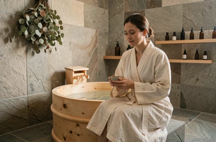 Femme en robe en coton crème assise au bord d'un bain en bois hinoki dans une salle de bain zen aux matériaux naturels