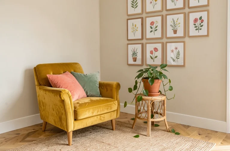 Coin salon décoré dans le style sérotonine avec fauteuil jaune moutarde, plantes vertes et coussins aux tons pastels apaisants