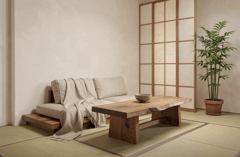 Salon zen minimaliste d'inspiration japonaise avec canapé en bois bas, jeté en lin naturel et bol en céramique sur table en chêne brut