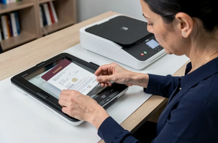 Femme scannant un passeport français sur un scanner à plat dans un bureau