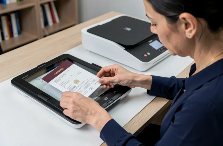 Femme scannant un passeport français sur un scanner à plat dans un bureau