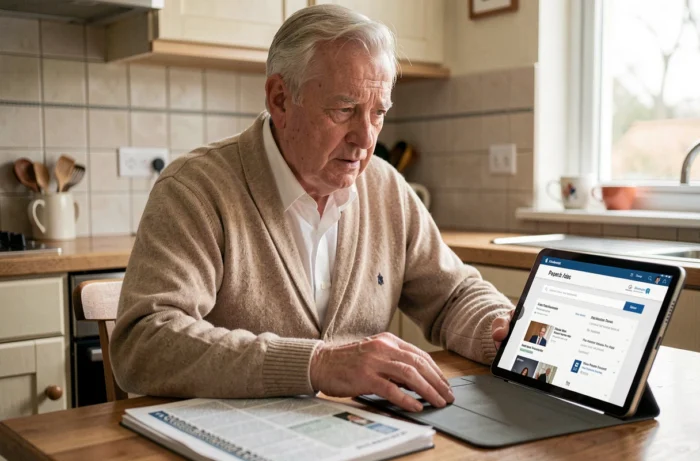 Homme senior comparant un annuaire papier et une recherche en ligne pour trouver une adresse