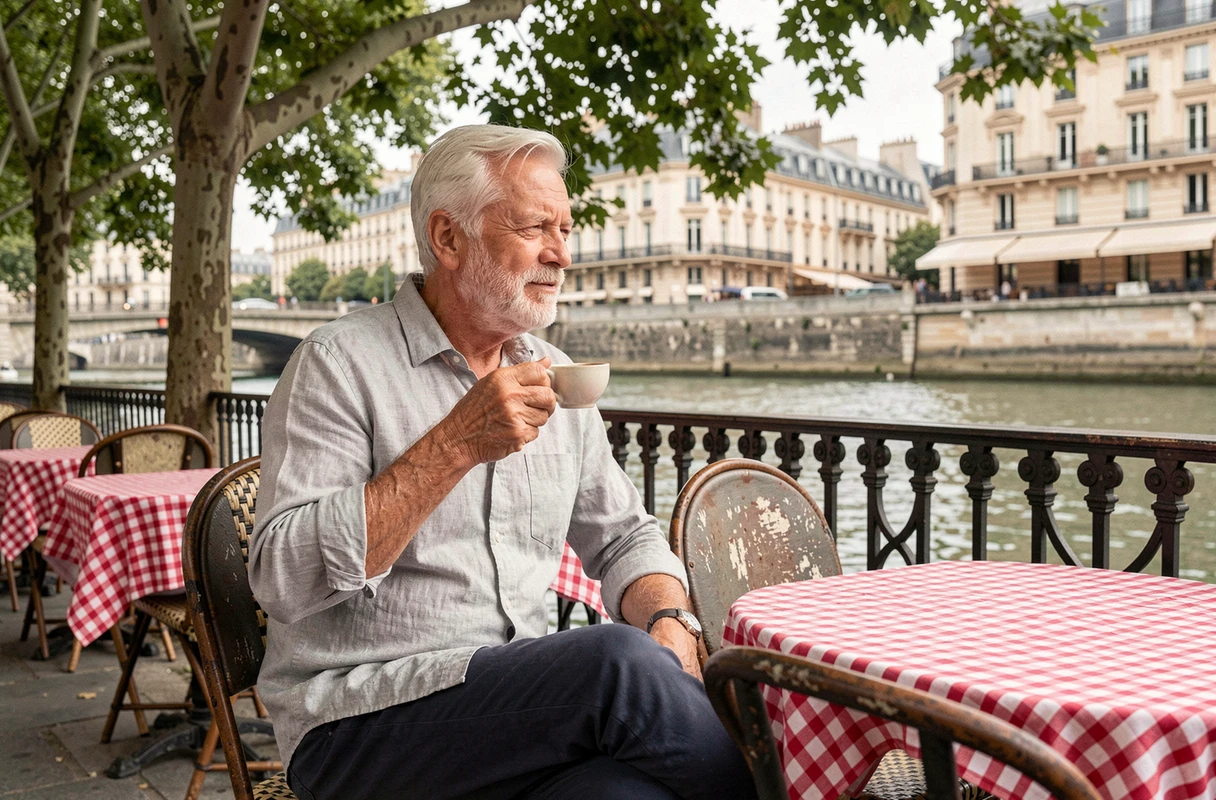 Senior homme attablé à une terrasse de café parisienne au bord de la Seine, savourant un expresso dans une ambiance détendue et authentique