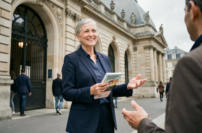 Femme senior souriante devant le Musée d'Orsay à Paris, tenant un guide de visite, illustrant les sorties culturelles pour seniors dynamiques