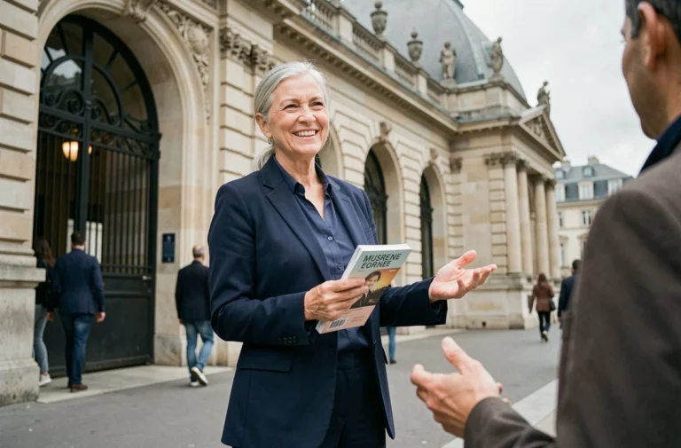Femme senior souriante devant le Musée d'Orsay à Paris, tenant un guide de visite, illustrant les sorties culturelles pour seniors dynamiques