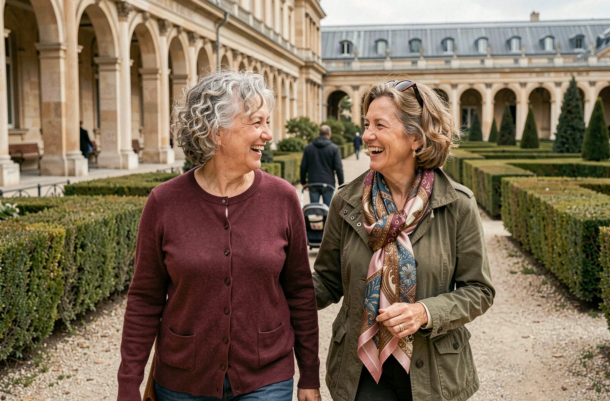 Deux femmes seniors marchant et riant ensemble dans les Jardins du Palais-Royal à Paris, illustrant les activités de plein air et sorties conviviales pour personnes âgées actives