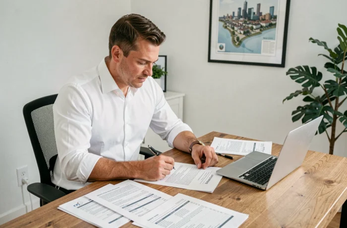 Homme examinant attentivement un contrat de vente immobilière à son bureau à domicile avec des documents et un ordinateur portable