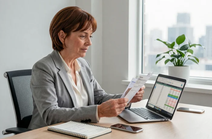 Femme de 58 ans dans un bureau à domicile analysant ses relevés de salaire et simulant sa future pension de retraite