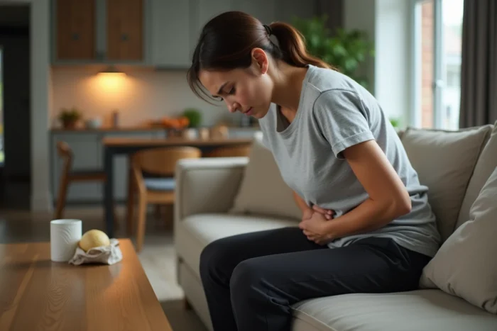Jeune femme souffrant de douleurs abdominales après avoir consommé du riz mal conservé, symptômes du syndrome du riz cantonais