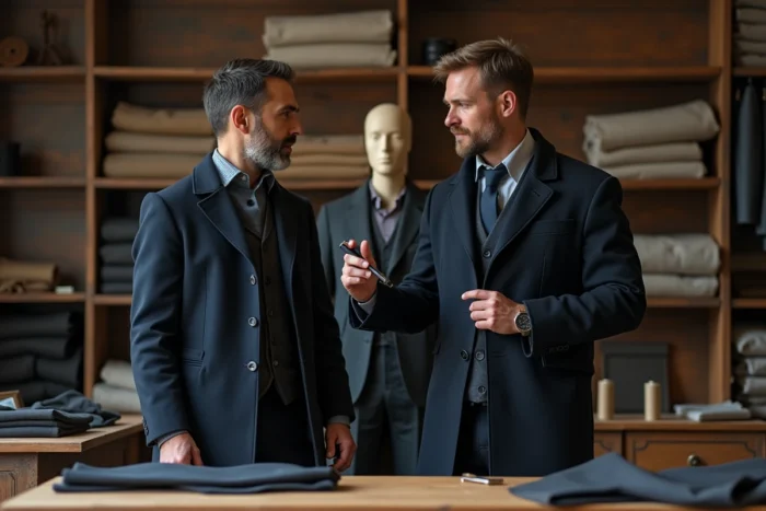 Tailleur expert comparant les finitions de deux vestes pour identifier un vêtement inspiré de la haute couture